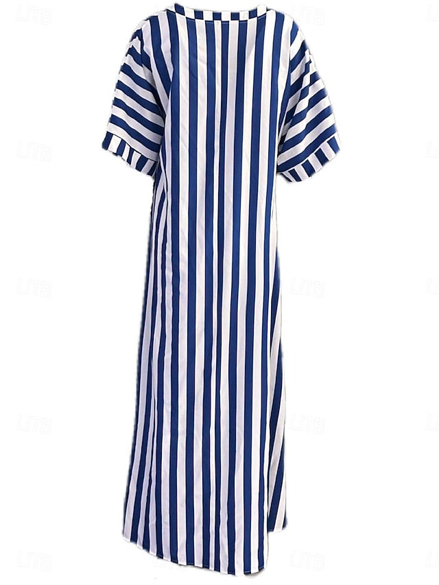 Women's Casual Dress Stripe Button Print Shirt Collar Long