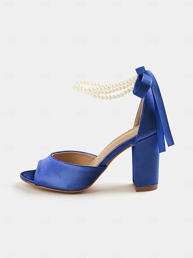 Heel Ankle Block with Women's Peep-Toe Pearl Satin Sandals