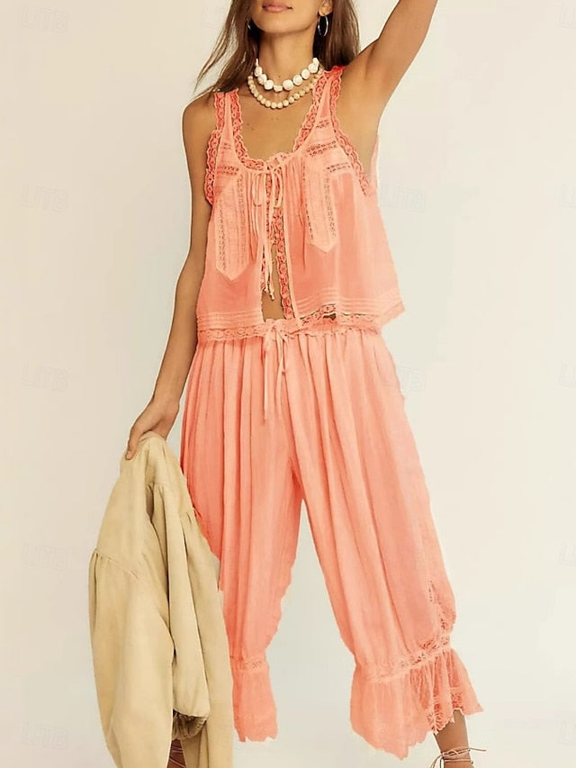Women's Pants Sets Bolero Top Sleeveless Square Neck Plain