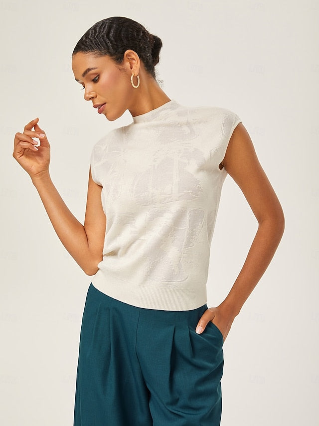 Ivory Wool Jacquard Mock Neck Knit Top