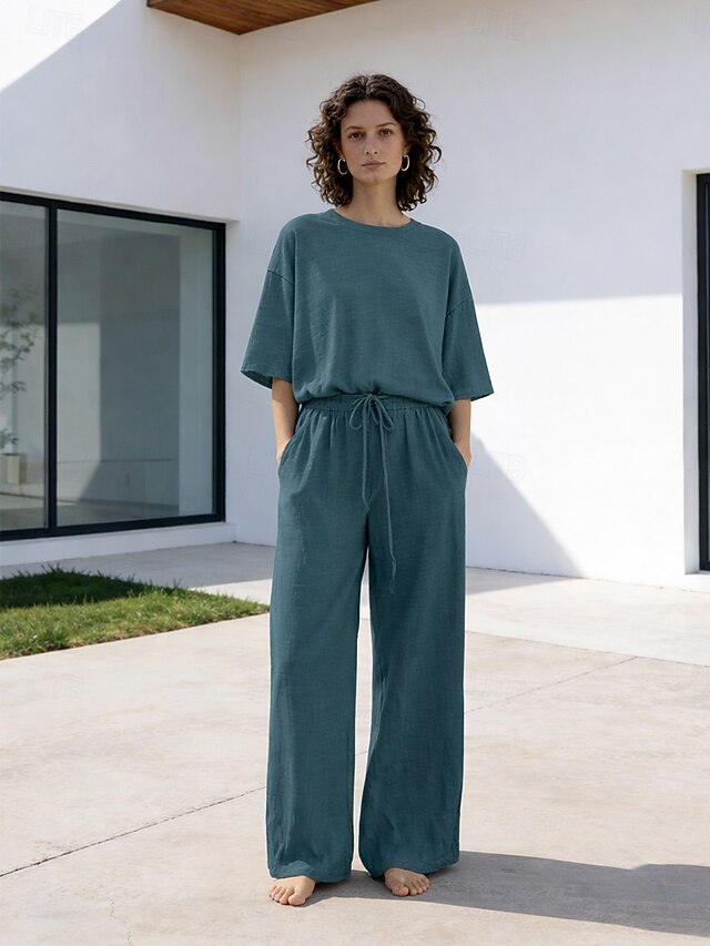 15% Linen Women's Pants Sets Linen Sets Basic Pure Color