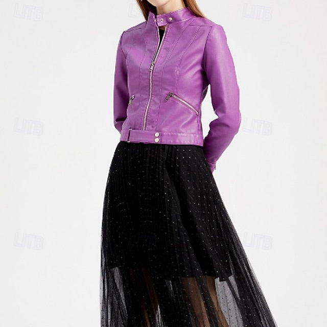 Women's Jacket Pocket Faux Zipper Leather Comfortable