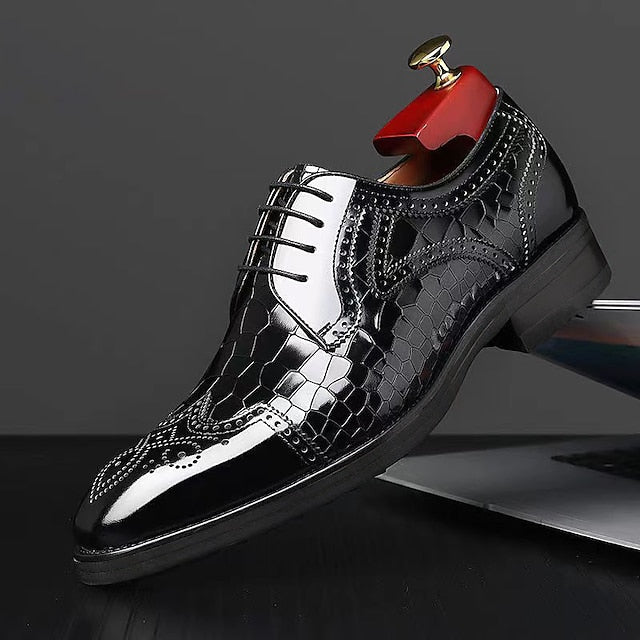 Men's Patent Shoes Burgundy Leather Brogue with Oxford