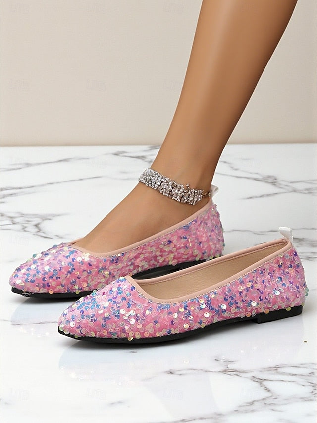 Sequin Women's Ballet Black Flats Toe - Pointed Sparkly
