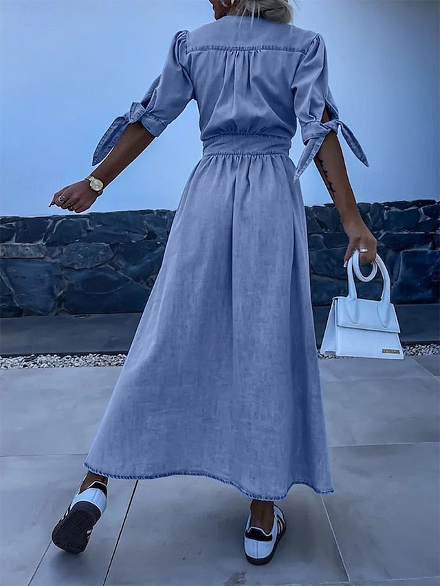 Women's Denim Dress Shirt Dress Maxi long Dress Office