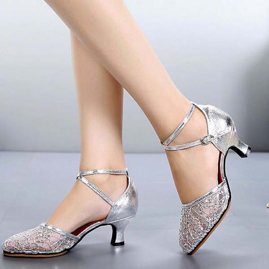 Women's Lace Dance Low Mesh Heel Silver Latin Shoes –