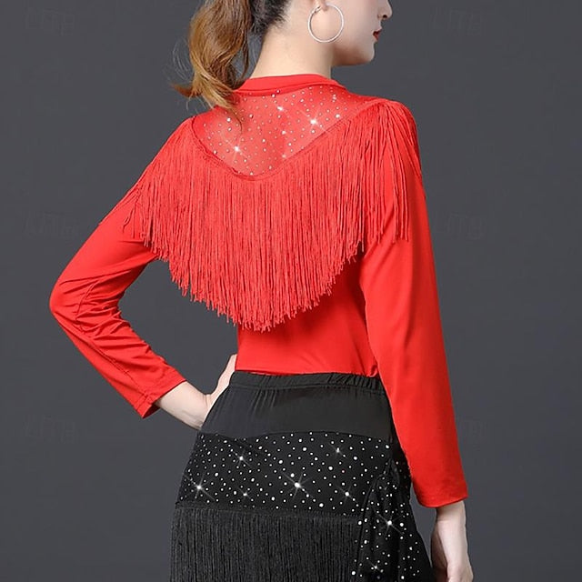 Latin Dance Ballroom Dance Top Tassel Pure Color Splicing