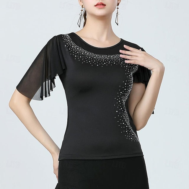Latin Dance Ballroom Dance Top Glitter Pure Color Splicing