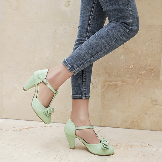 Heels Chunky Green 1950s – Bow Mint Retro with Vintage T-Strap