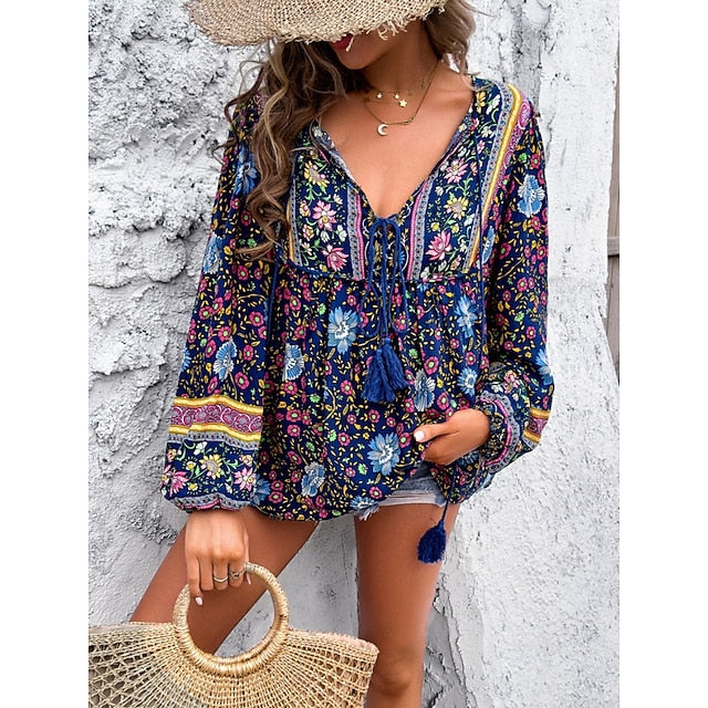 Women's Shirt Blouse Lace up Print Floral Bohemia Ethnic