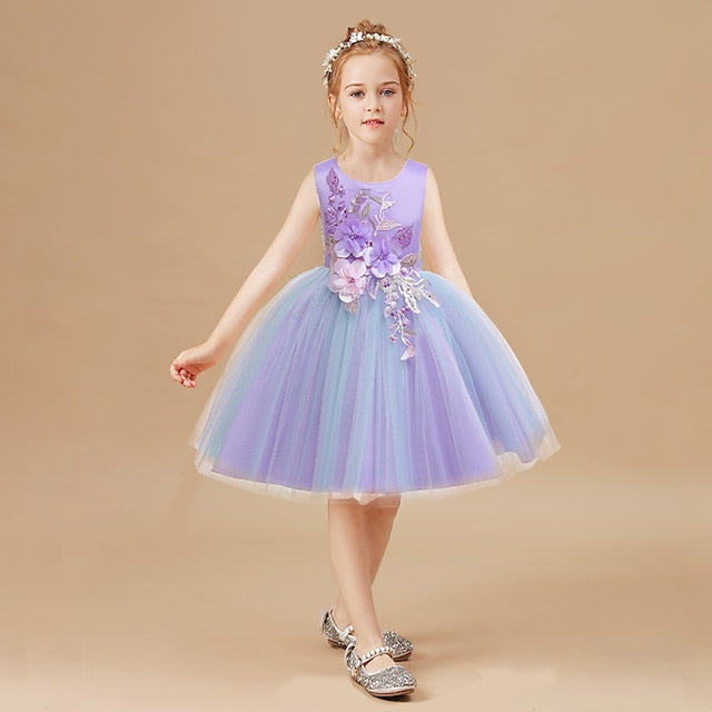 Lace Kids Purple Blue Girls' Party Dress Blushing Floral