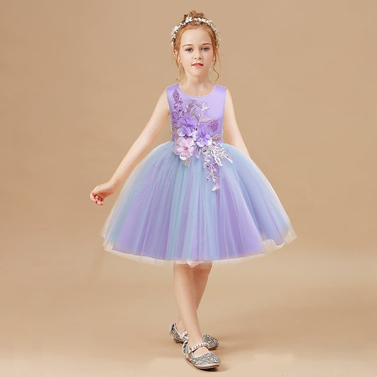 Lace Kids Purple Blue Girls' Party Dress Blushing Floral