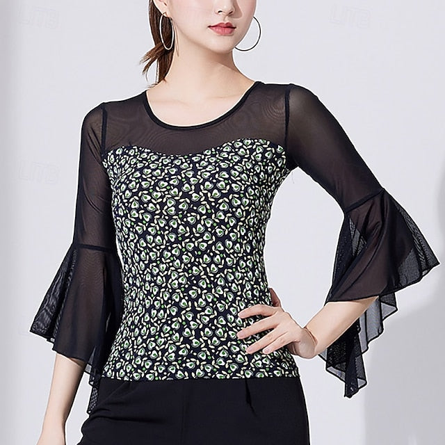 Latin Dance Top Printing Pure Color Splicing Women's