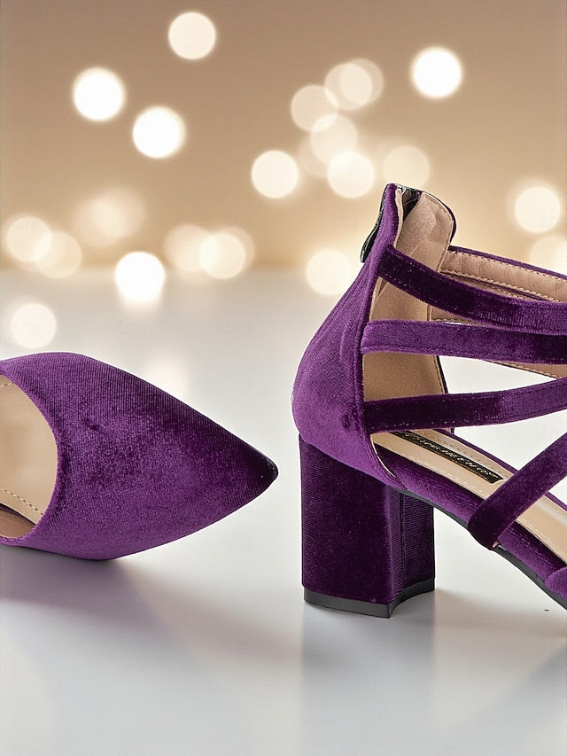 Pumps Block Blue Pointed Toe Heel Velvet with Women's