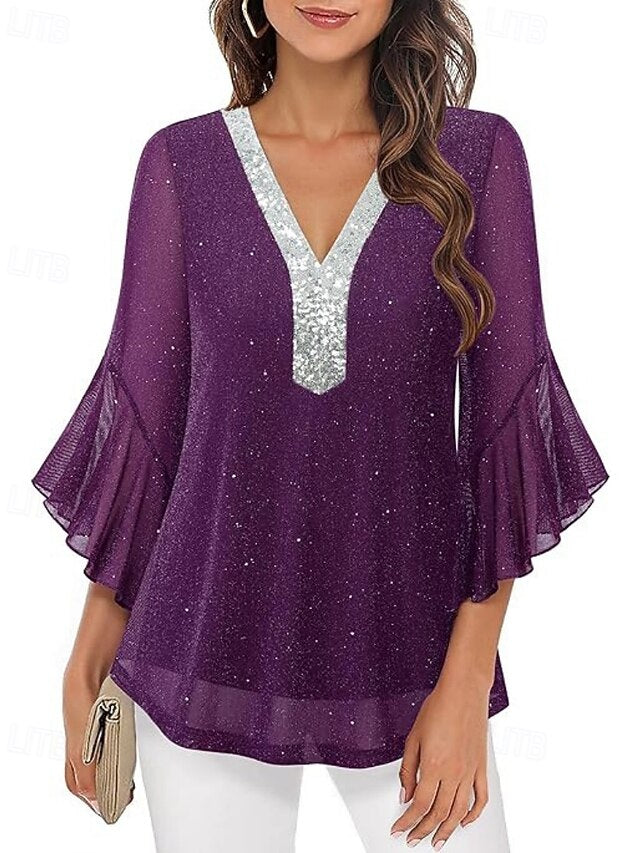 Women's Blouse Sequin Tops Patchwork Color Block Stylish