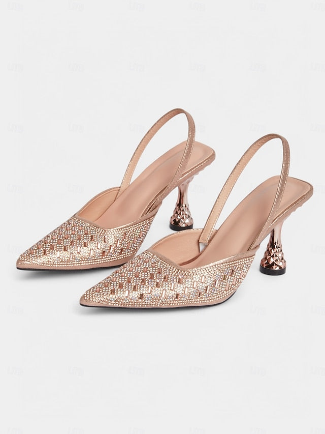 Rose with Rhinestone Gold Women's Heels Slingback Geometric