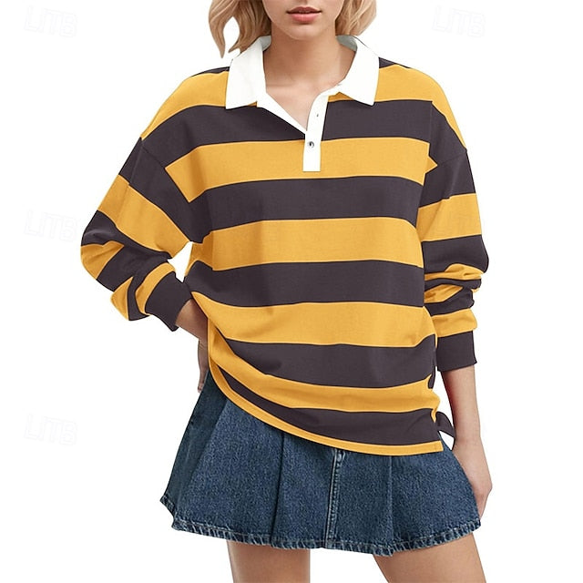 Women's T Shirt Tee Top Buttons Striped Fashion Stylish