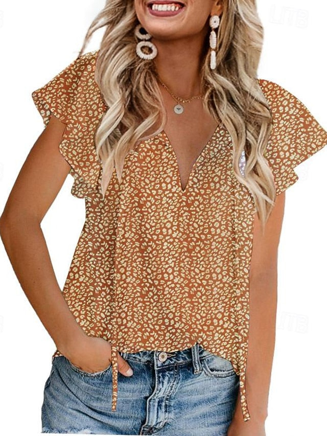 Women's Shirt Blouse Lace up Print Leopard Casual Short
