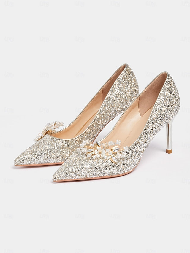with Silver Heels Women's Stiletto Floral Glitter