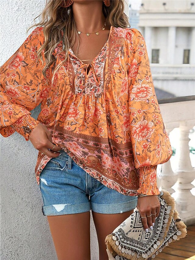 Women's Shirt Blouse Casual Boho Floral Lace up Print Long