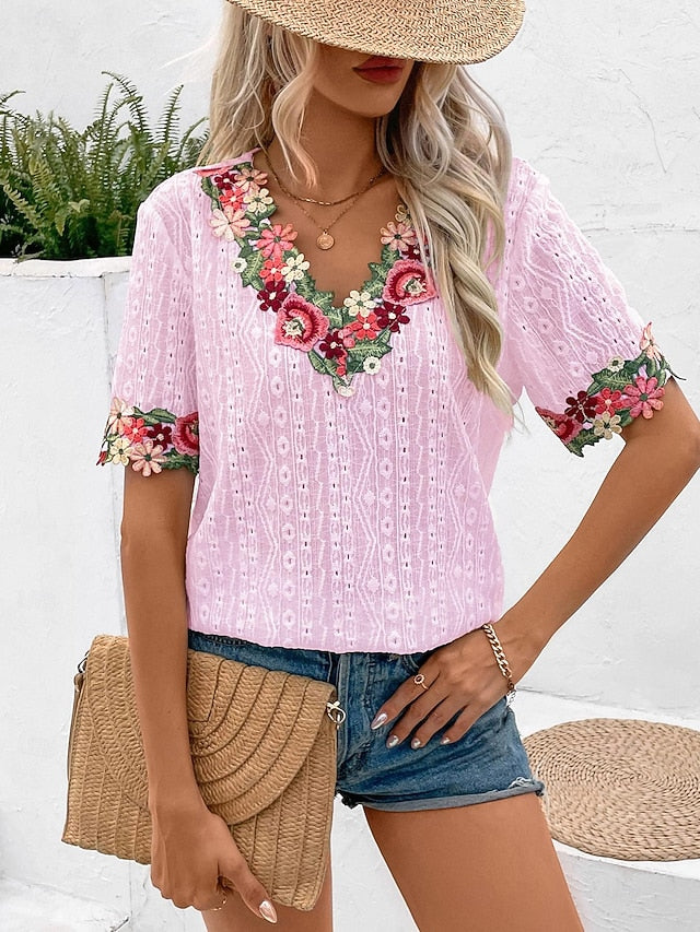Women's White Elegant Lace Tops Eyelet Blouse Floral