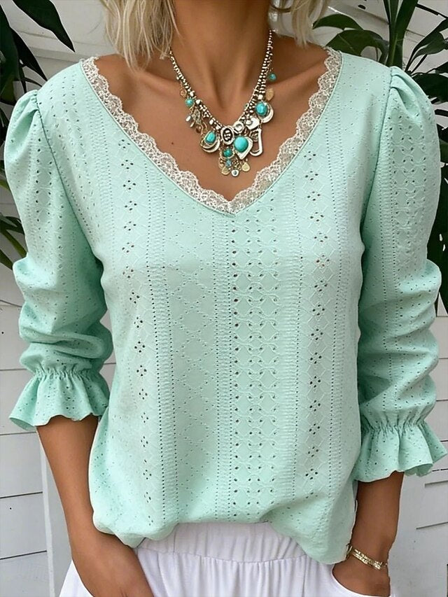 Women's Shirt Blouse Eyelet top Long Sleeve Tops Eyelet