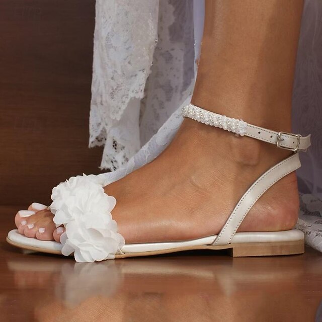 Shoes Daily Women's Sandals Lace Wedding Heel Flat White