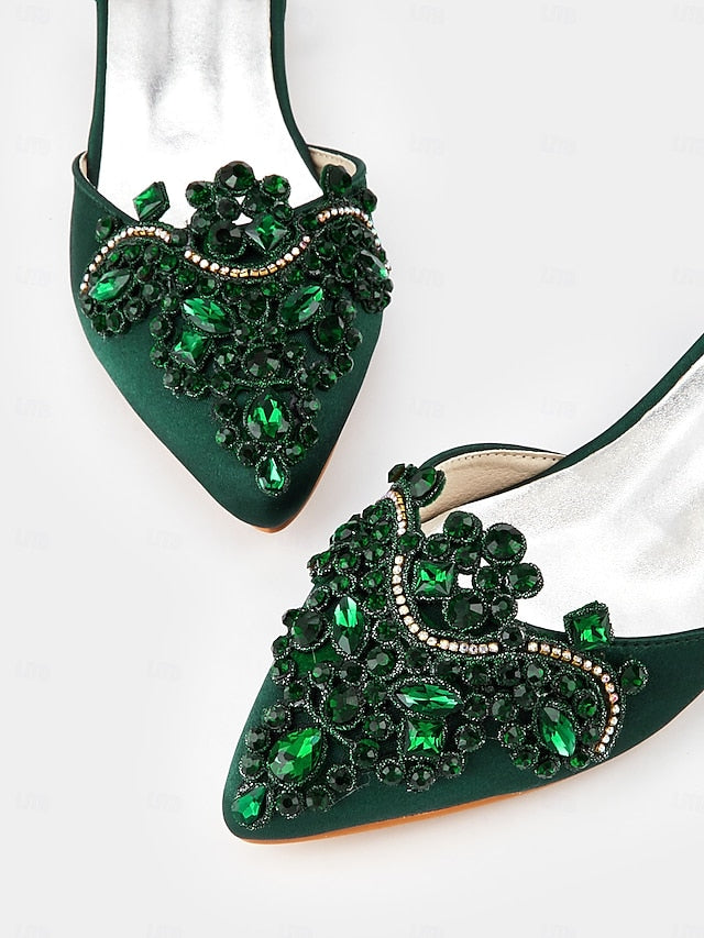 – Gemstone Embellished Flats Pointed-Toe Green Style Vintage
