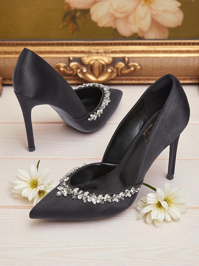 Embellishment Women's Pointed Toe Heels Satin with Crystal