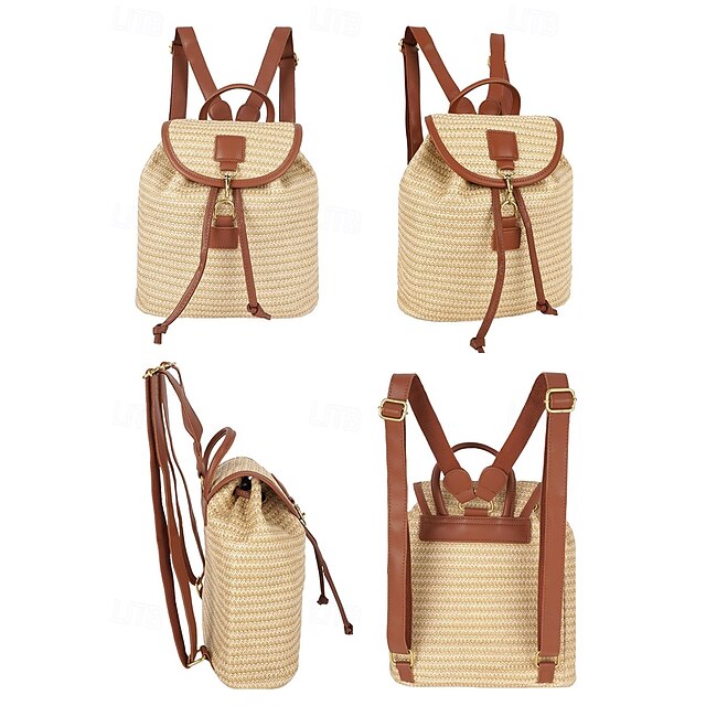 – Women Woven Boho Bag with Rattan for Travel Straw Backpack