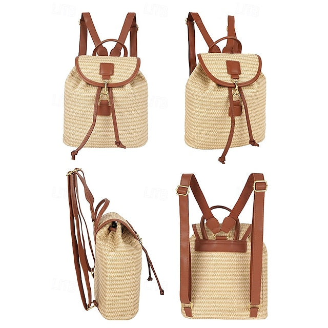 Rattan Backpack Travel Woven with for Bag Boho Women Straw –