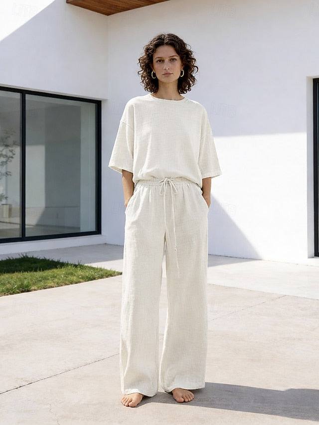 15% Linen Women's Pants Sets Linen Sets Basic Pure Color