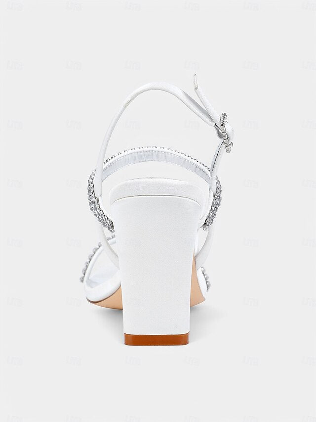 – Rhinestone Prom Women's Heel Sandals White Block Bridal