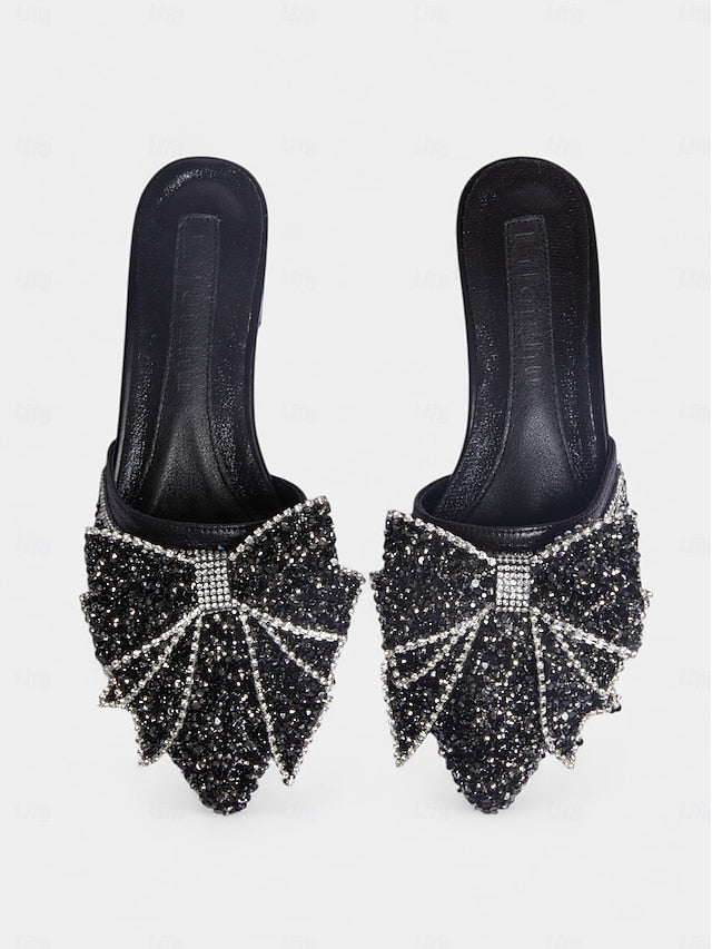 – Rhinestone-Bow Flat for Parties and Black Mules Perfect
