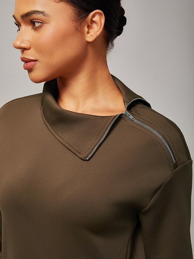Women's Brown Stretch Knit Zip Slit High Neck Top Tracksuit