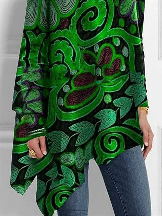 Women's T Shirt Fashion Floral Print Asymmetric Hem Long