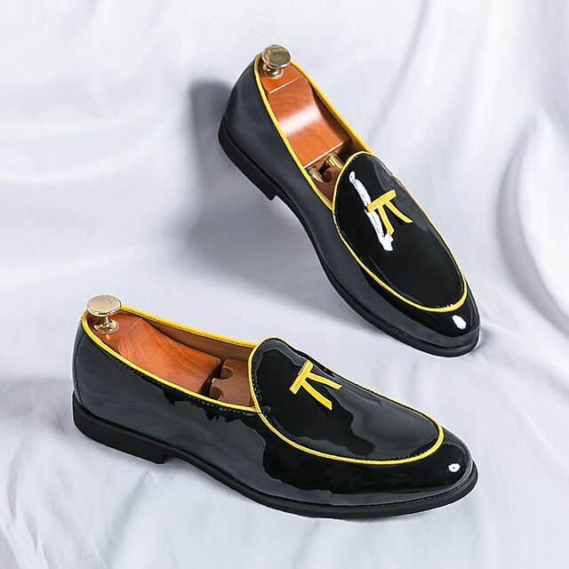 Yellow Loafers Black Leather with Faux Trim Men's Patent
