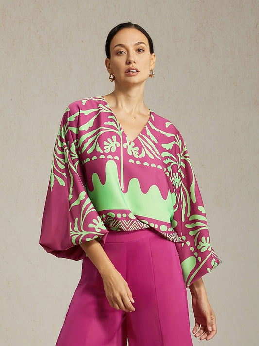 Women's Top Vivid Fuchsia Print Satin Lantern Long Sleeve V