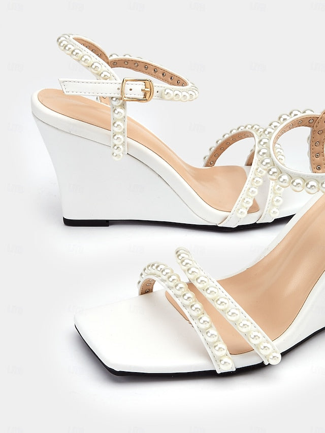 Heels Women's – Elegant Pearl-Embellished Open-Toe Wedge