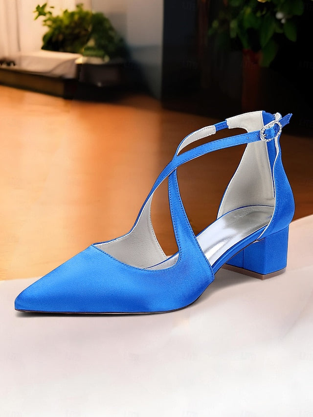 - Pointed Toe Women's Satin Elegant Ivory Block Heels
