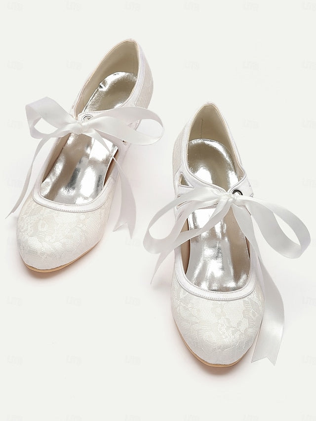 Pumps Elegant - Bridal Lace Satin White with Ribbon Vintage Ties