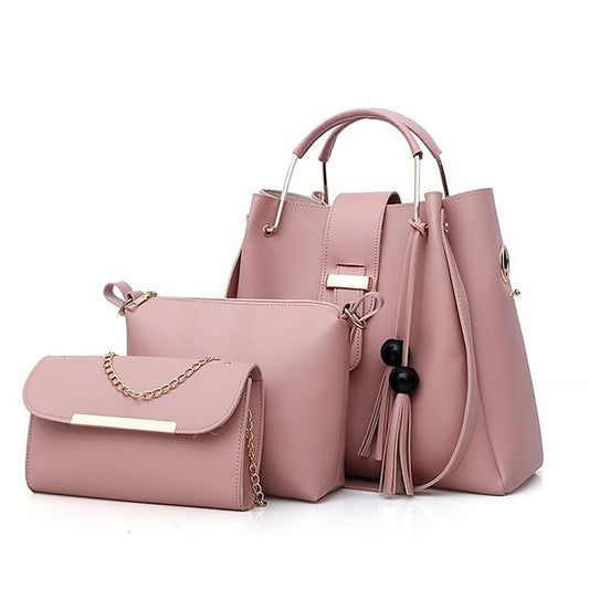 3-Piece Faux Pink Set - Handbag Women's Tote Leather