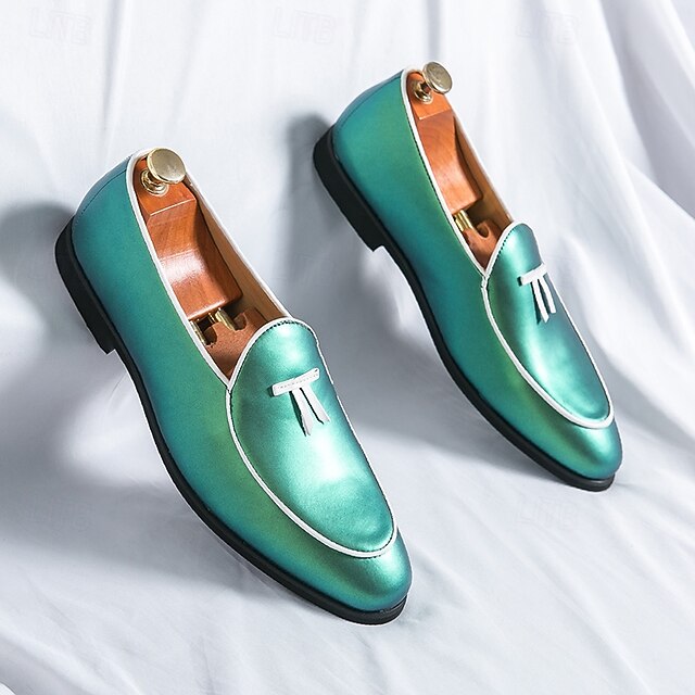 Yellow Loafers Black Leather with Faux Trim Men's Patent