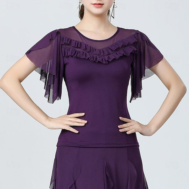 Latin Dance Ballroom Dance Top Pure Color Splicing Tulle