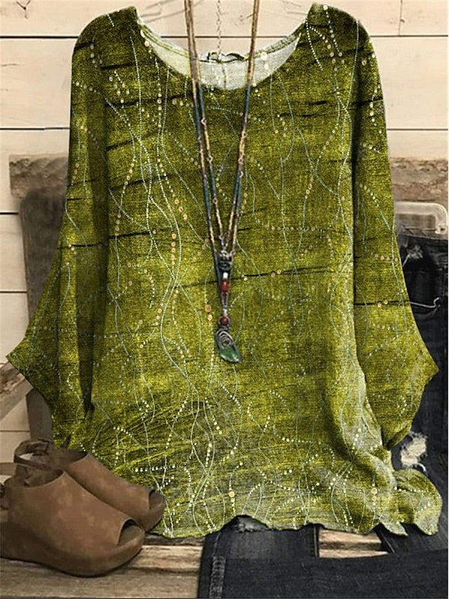 Women's Blouse Long Sleeve Pullover Top Leafy Print Bell