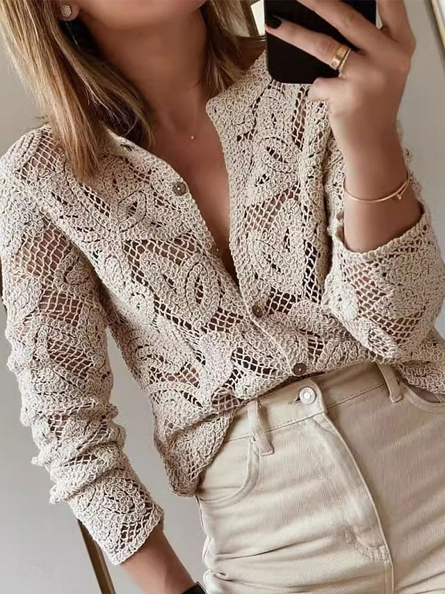 Women's Blouse Hollow Out Buttons Solid Color Basic Casual