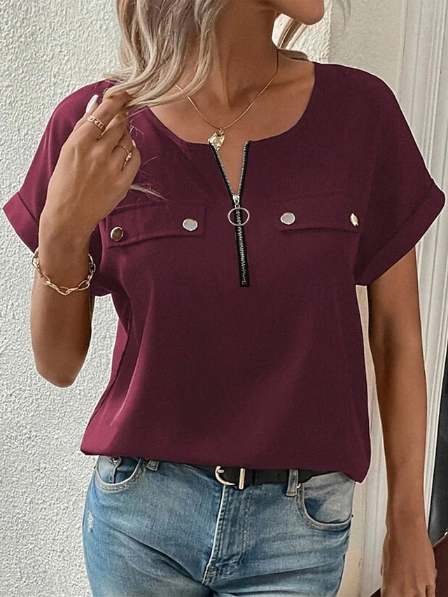 Women's T Shirt Tee Top Zipper Plain Fashion Stylish