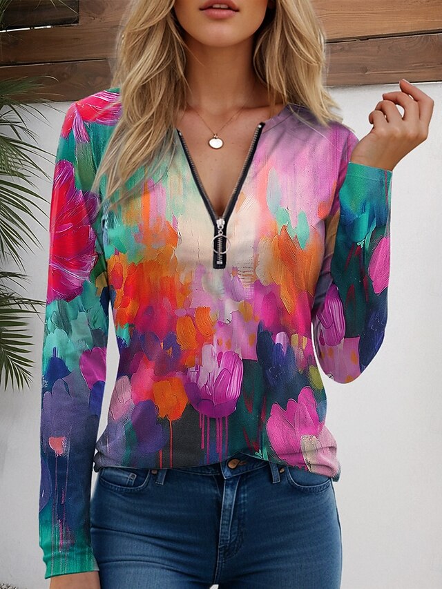 Women's T Shirt Quarter Zip Long Sleeve Casual Graphic