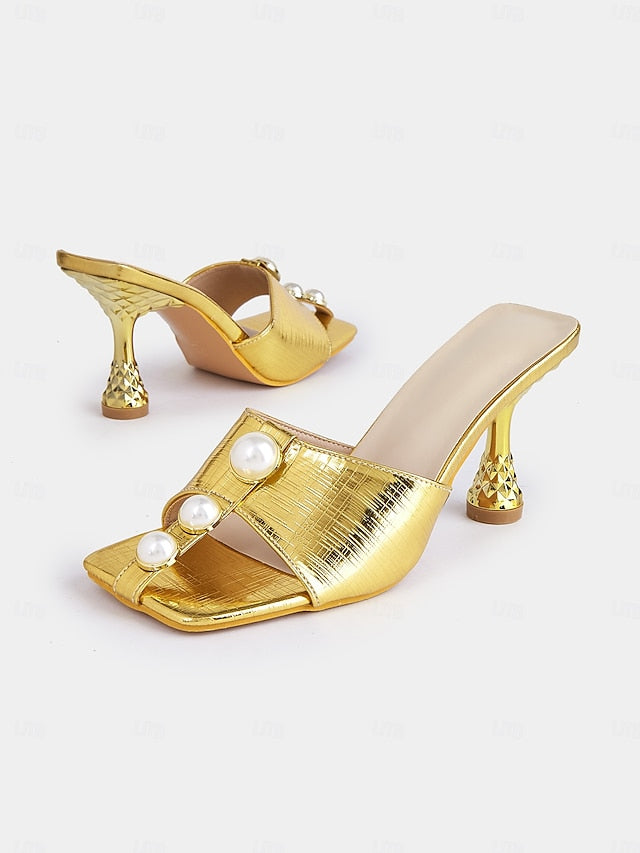 Elegant Mules with Gold – Open-Toe Detailing for Pearl Women