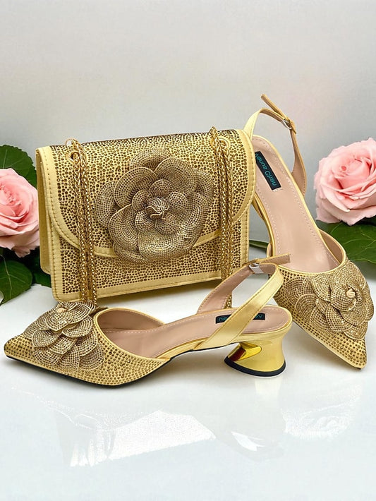 with Women's Gold Matching Pumps Slingback Rhinestone
